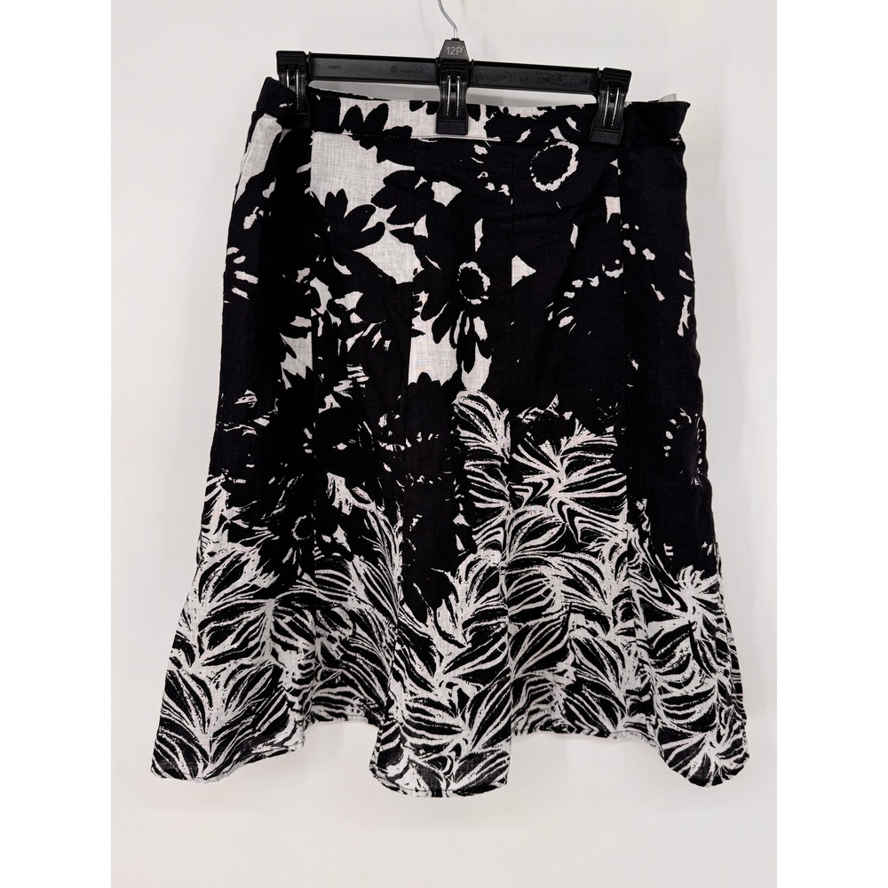 Coldwater Creek Linen Skirt Womens M Black White EUC Floral A-Line Midi